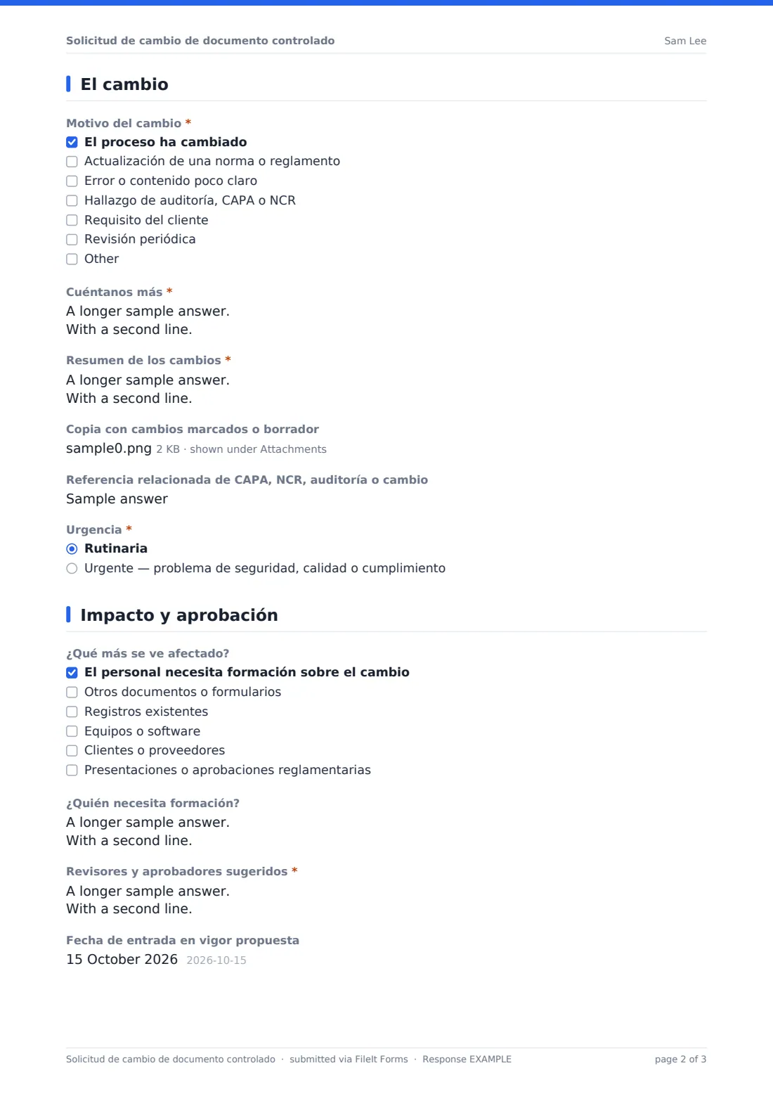 Solicitud de cambio de documento controlado — PDF de respuesta de ejemplo, página 2 de 3