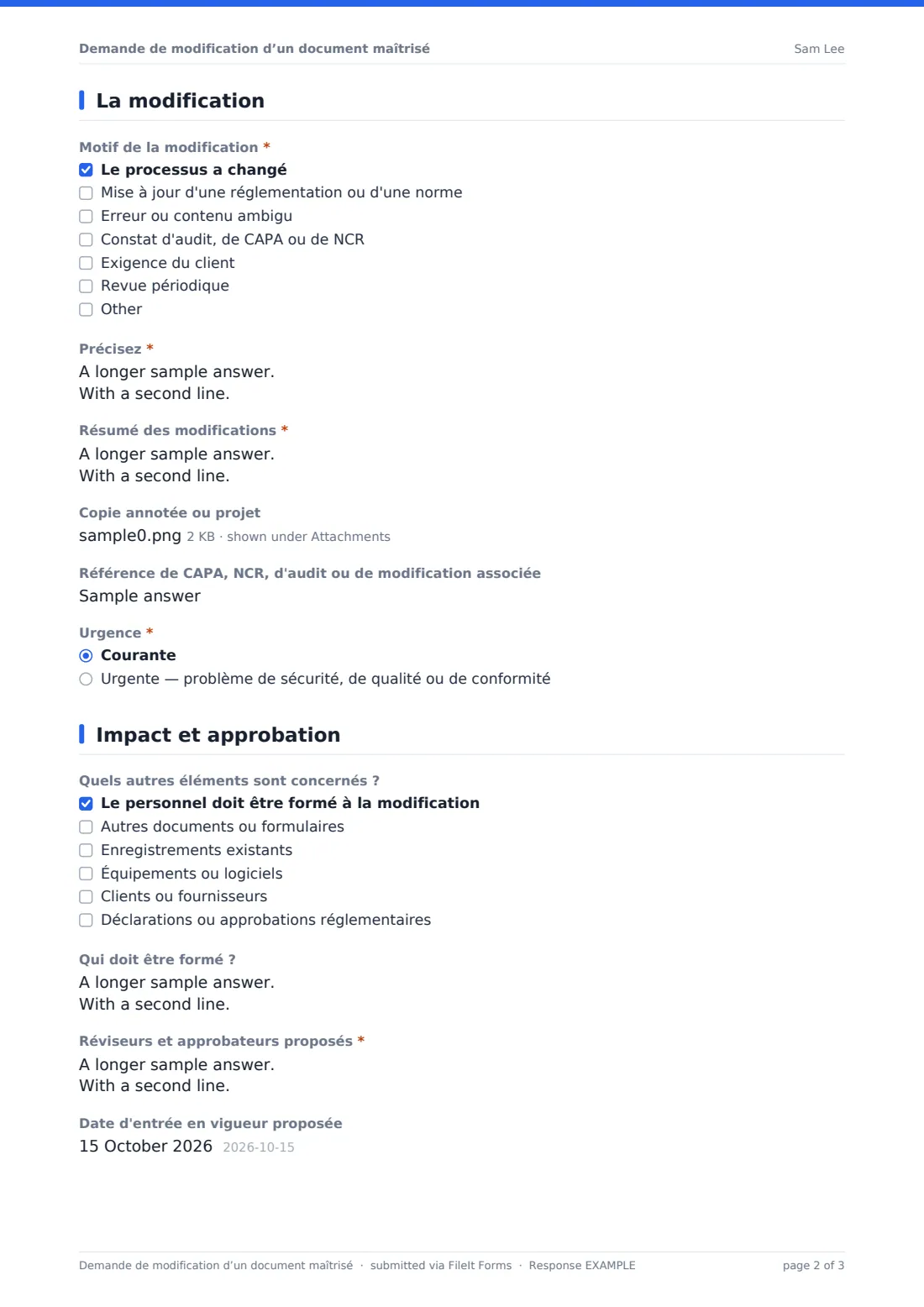 Demande de modification d’un document maîtrisé — exemple de réponse au format PDF, page 2 sur 3