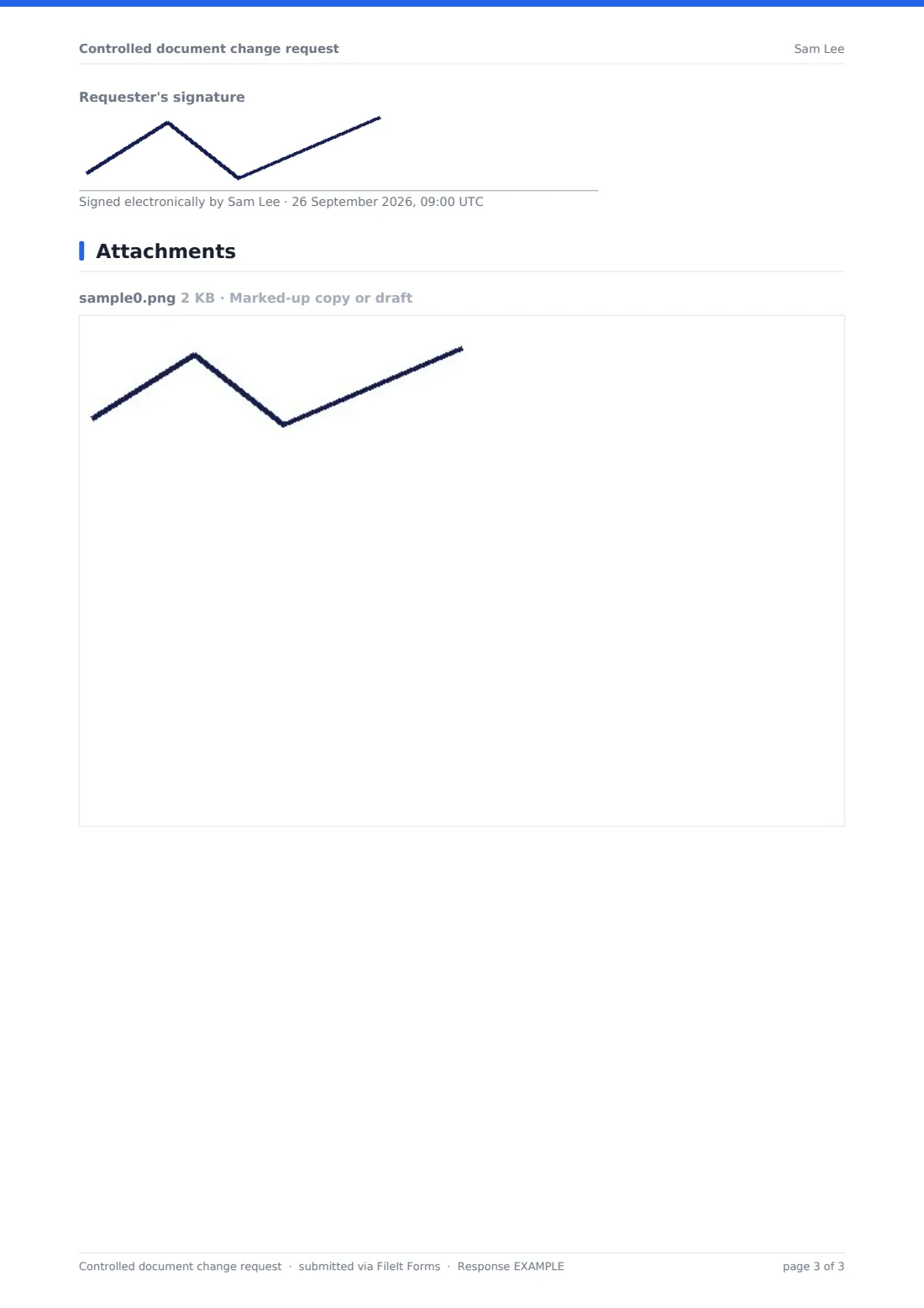 Controlled document change request — example response PDF, page 3 of 3