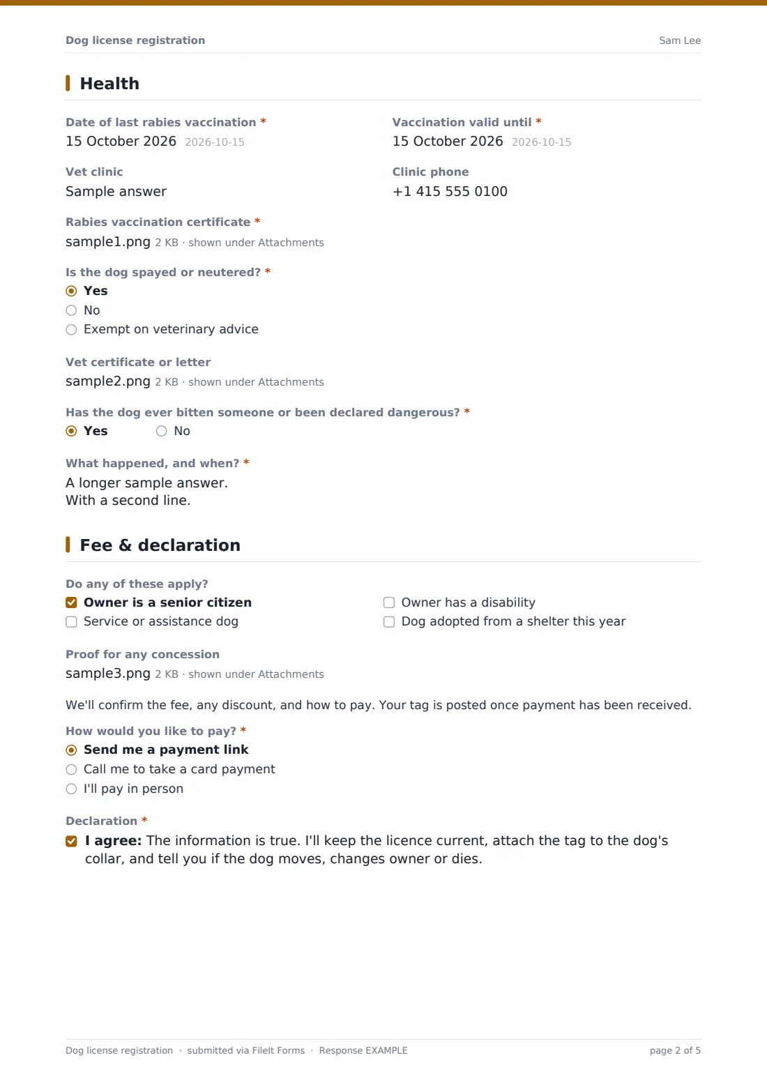 Dog license registration — example response PDF, page 2 of 5