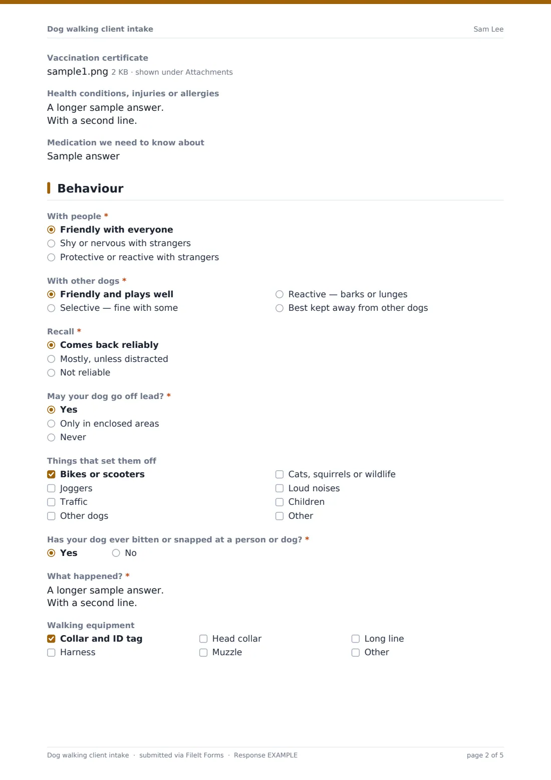 Dog walking client intake — example response PDF, page 2 of 5