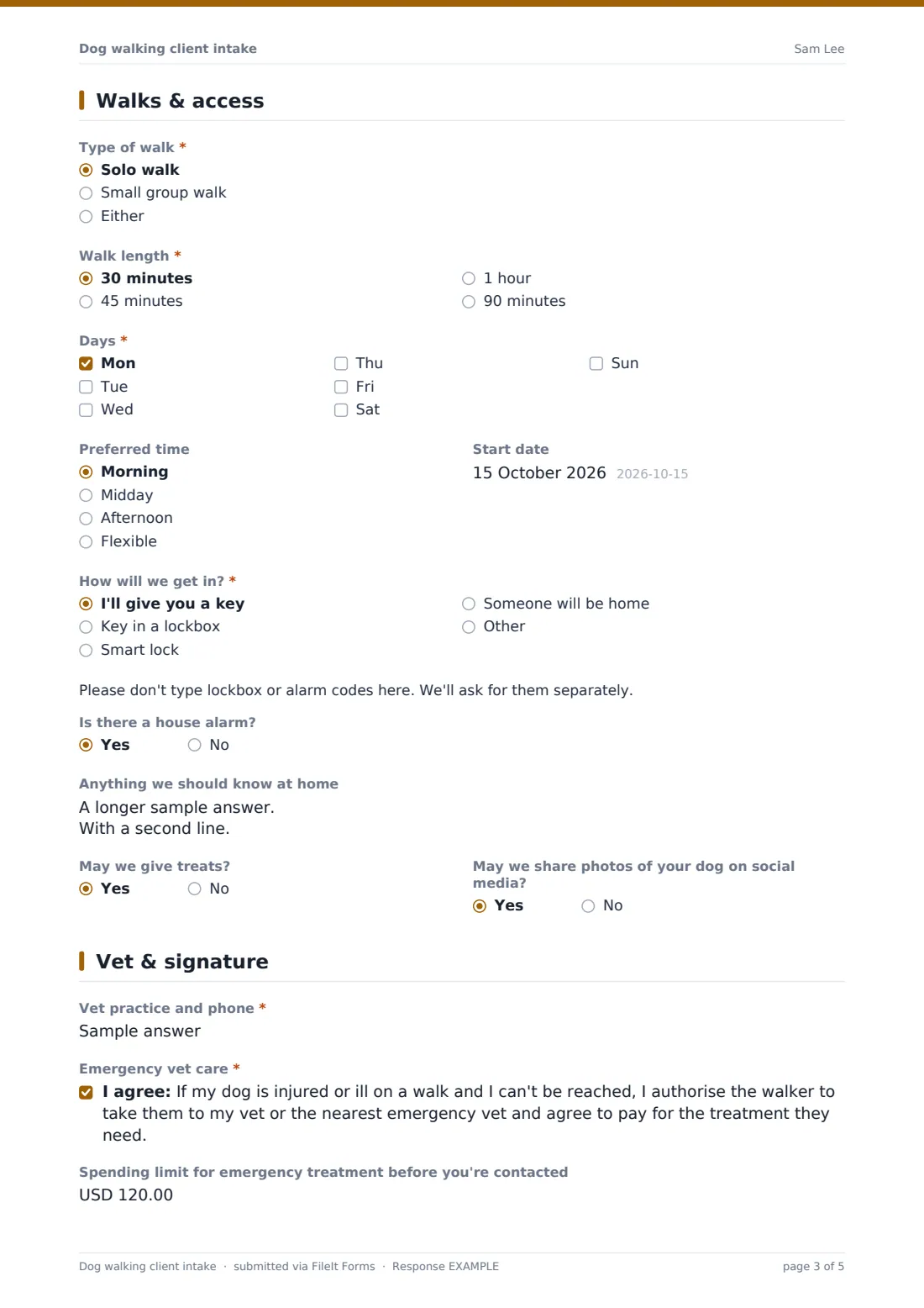 Dog walking client intake — example response PDF, page 3 of 5