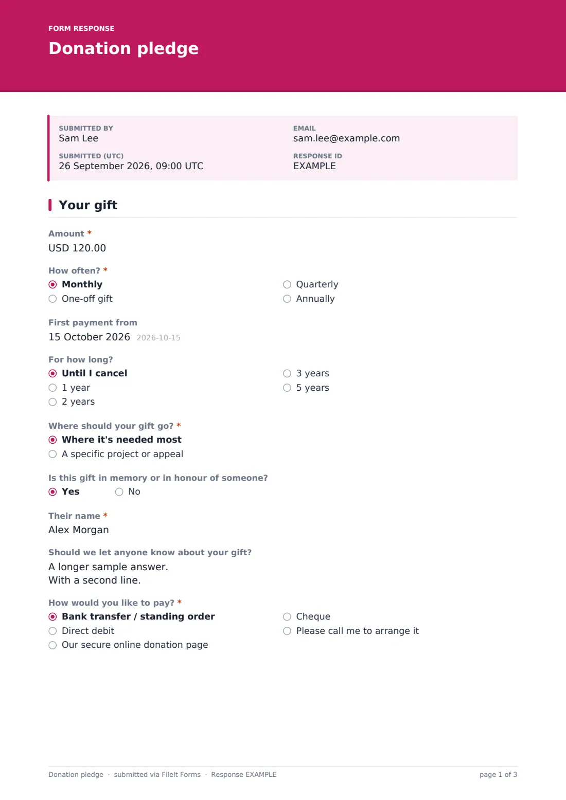 Donation pledge — example response PDF, page 1 of 3