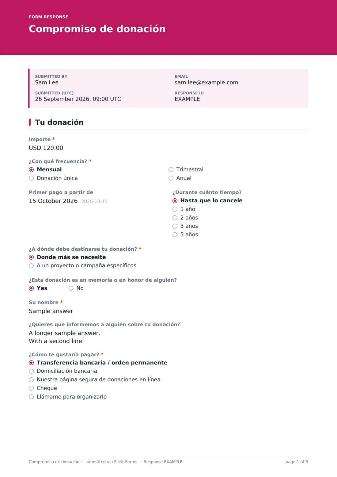 Compromiso de donación — PDF de respuesta de ejemplo, página 1 de 3