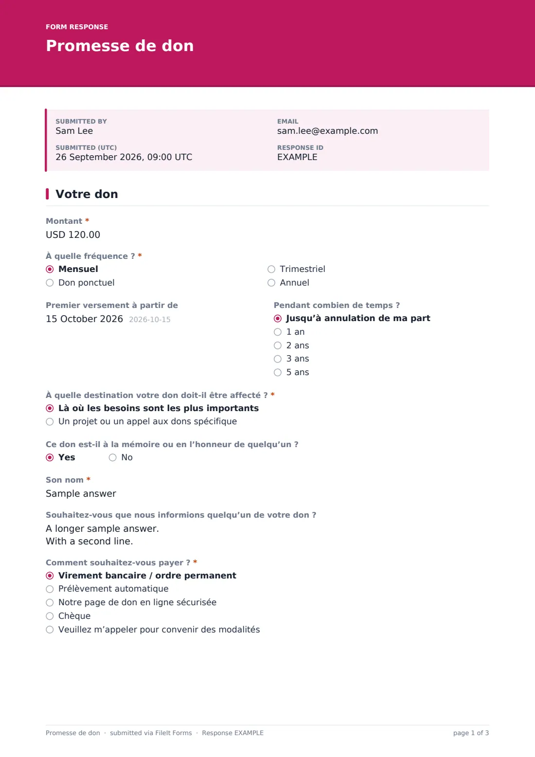 Promesse de don — exemple de réponse au format PDF, page 1 sur 3