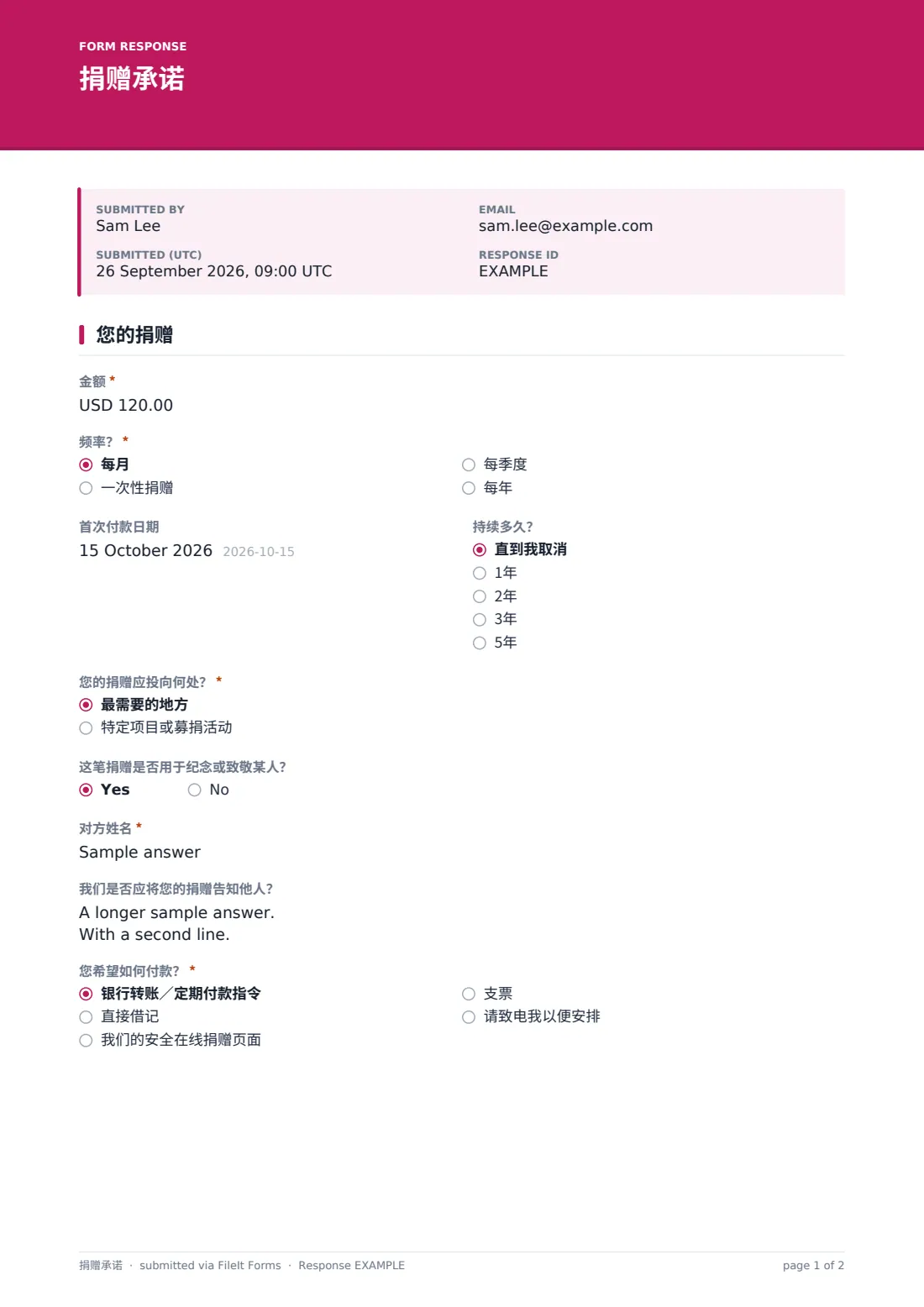 捐赠承诺 — 示例回复 PDF，第 1 页，共 2 页