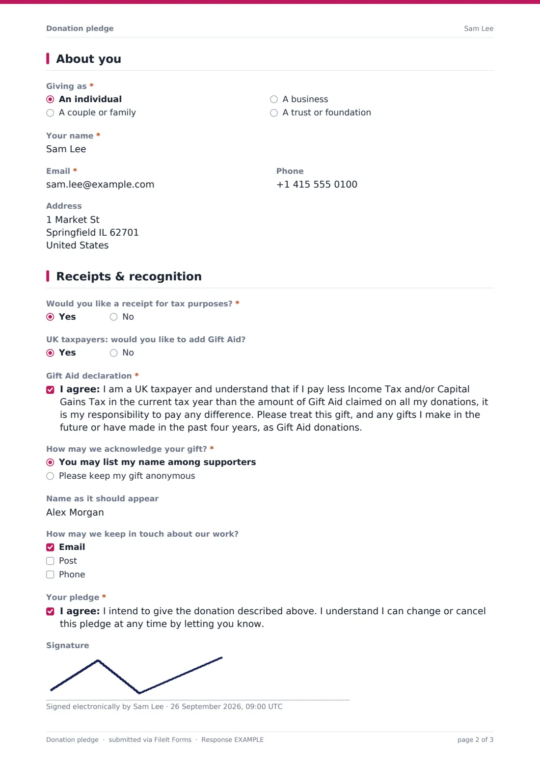 Donation pledge — example response PDF, page 2 of 3