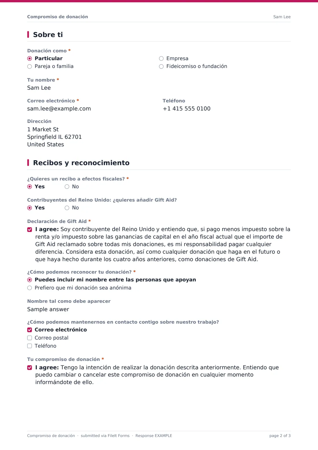 Compromiso de donación — PDF de respuesta de ejemplo, página 2 de 3