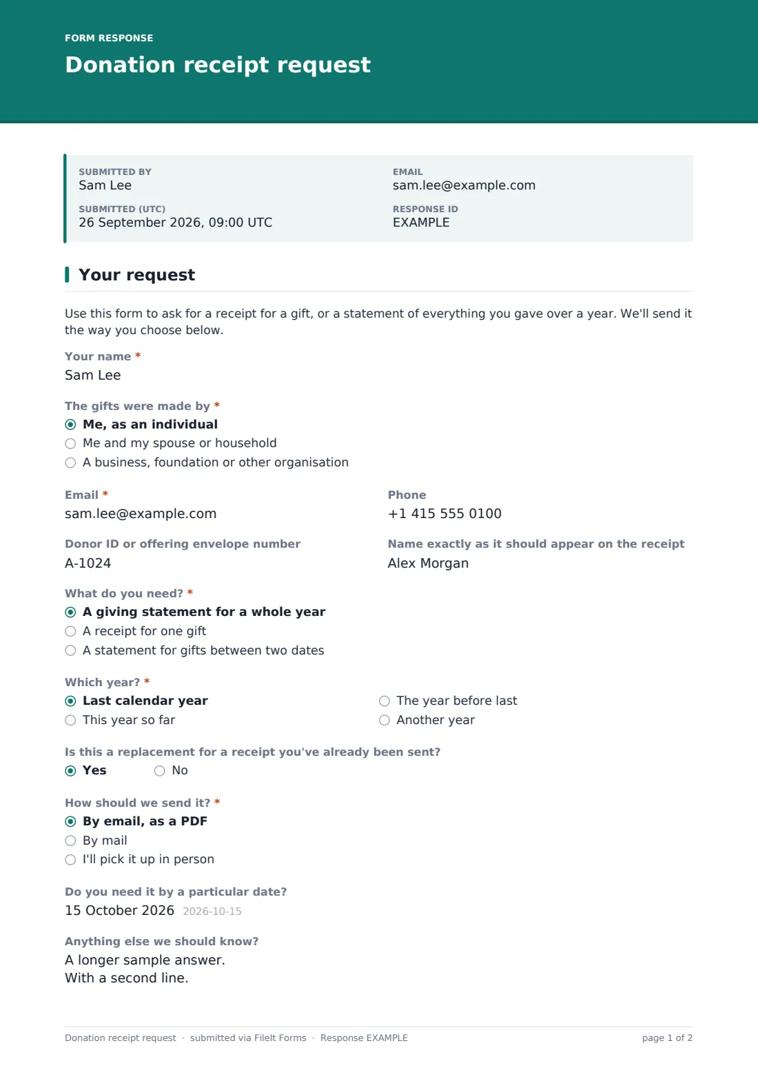 Donation receipt request — example response PDF, page 1 of 2