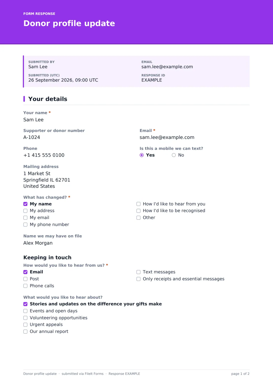 Donor profile update — example response PDF, page 1 of 2