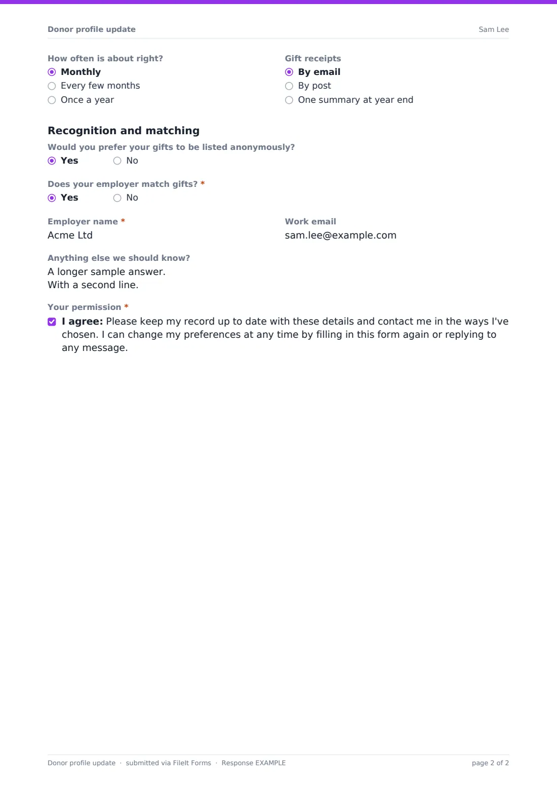 Donor profile update — example response PDF, page 2 of 2
