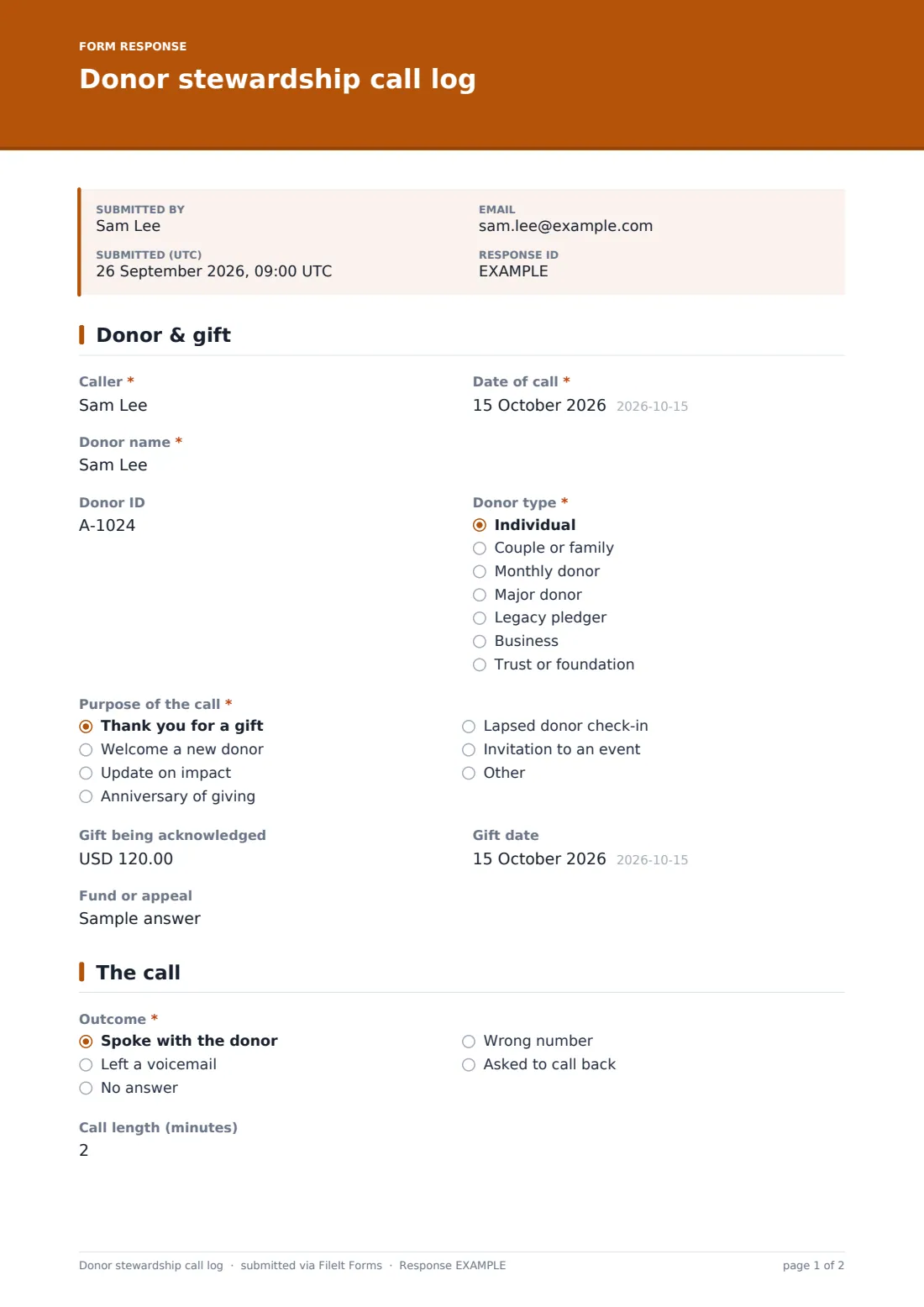 Donor stewardship call log — example response PDF, page 1 of 2