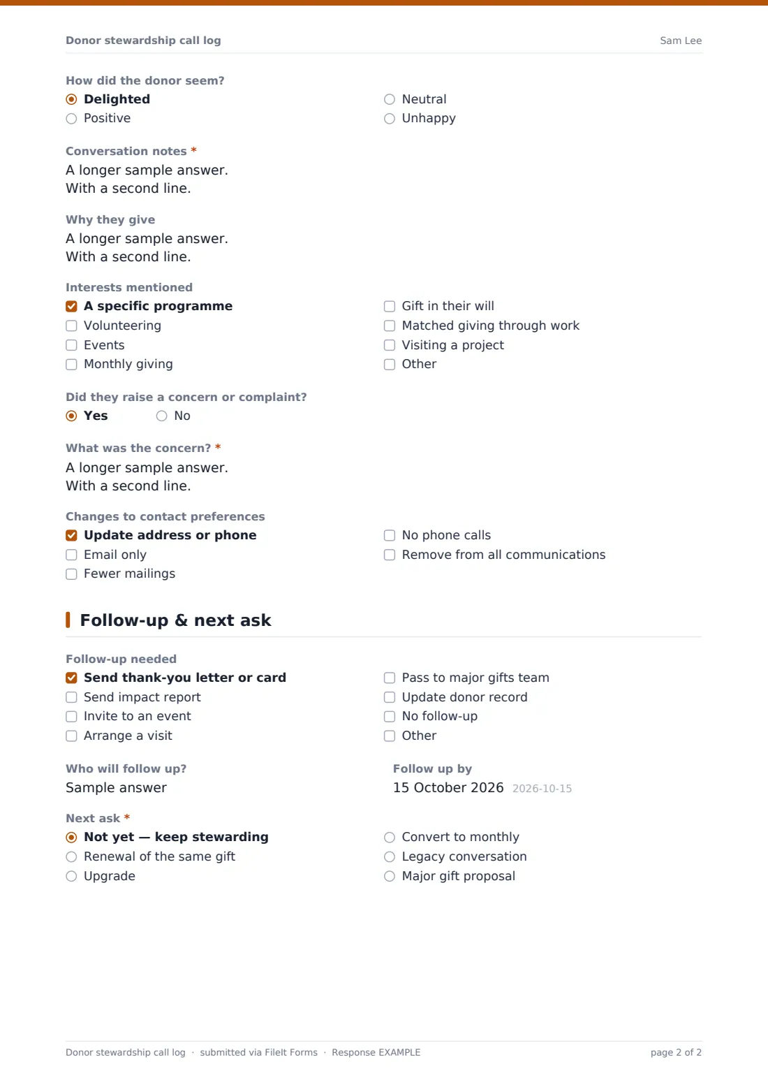 Donor stewardship call log — example response PDF, page 2 of 2