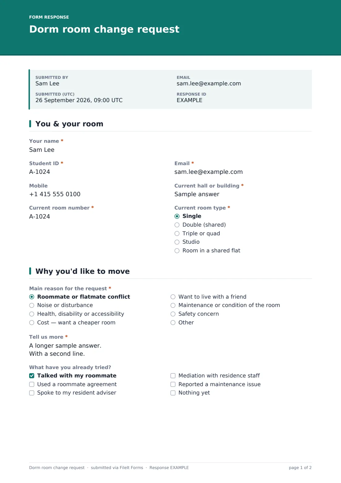 Dorm room change request — example response PDF, page 1 of 2