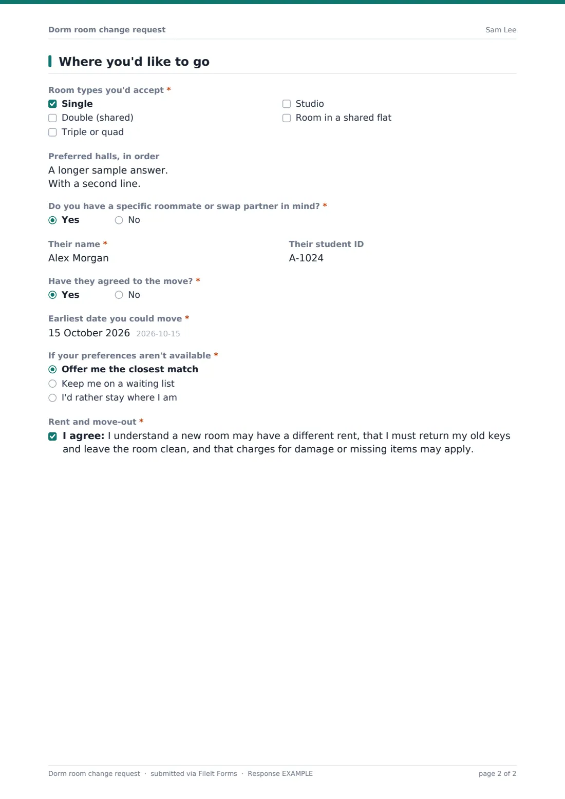Dorm room change request — example response PDF, page 2 of 2