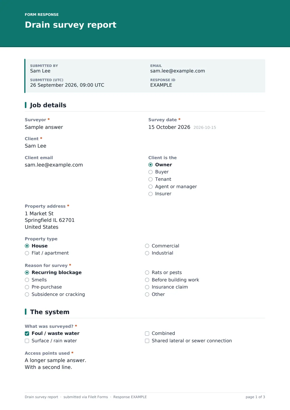 Drain survey report — example response PDF, page 1 of 3