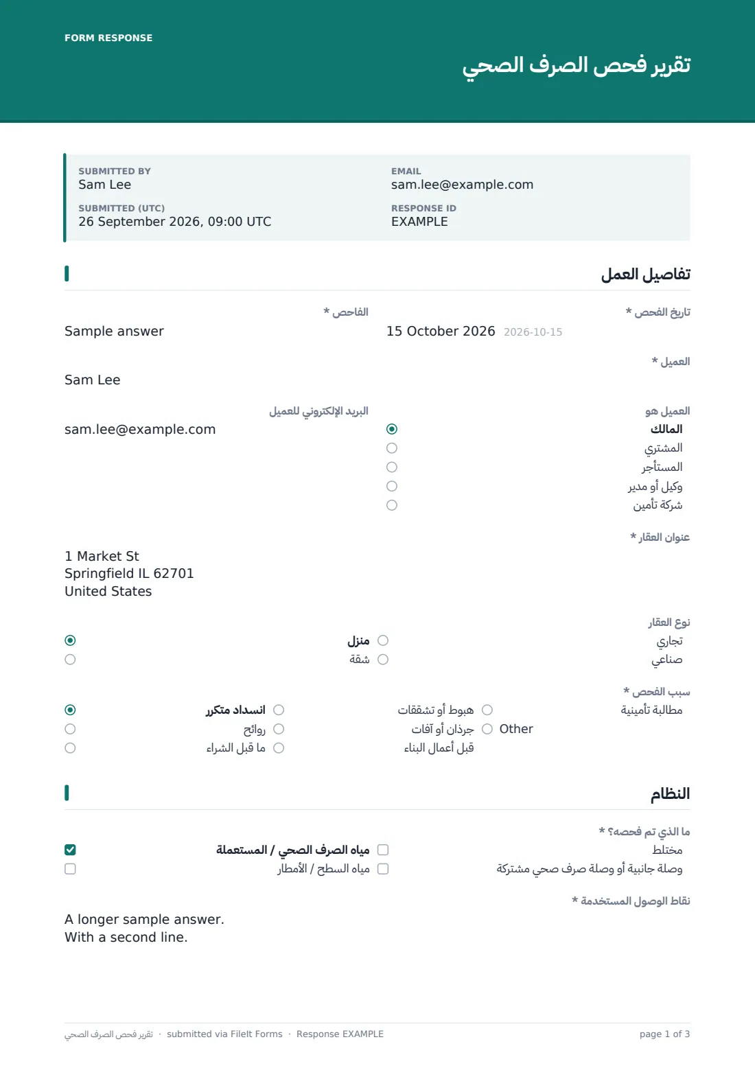 تقرير فحص الصرف الصحي — ملف PDF لرد نموذجي، الصفحة 1 من 3