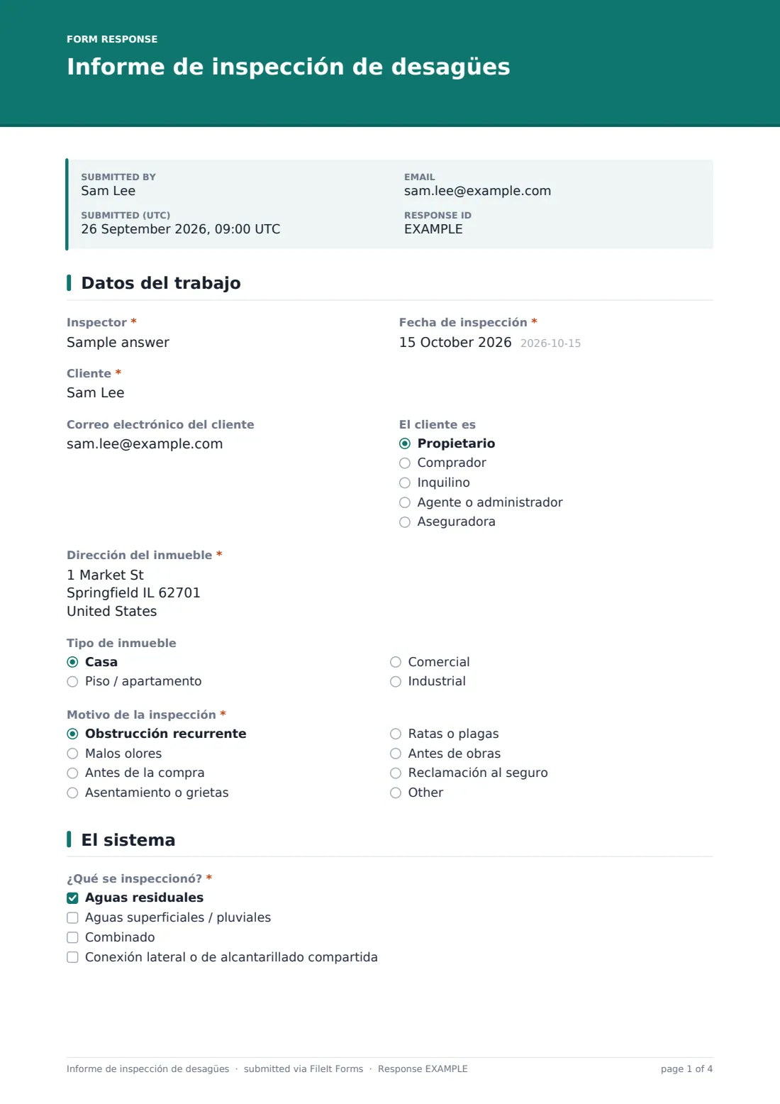 Informe de inspección de desagües — PDF de respuesta de ejemplo, página 1 de 4
