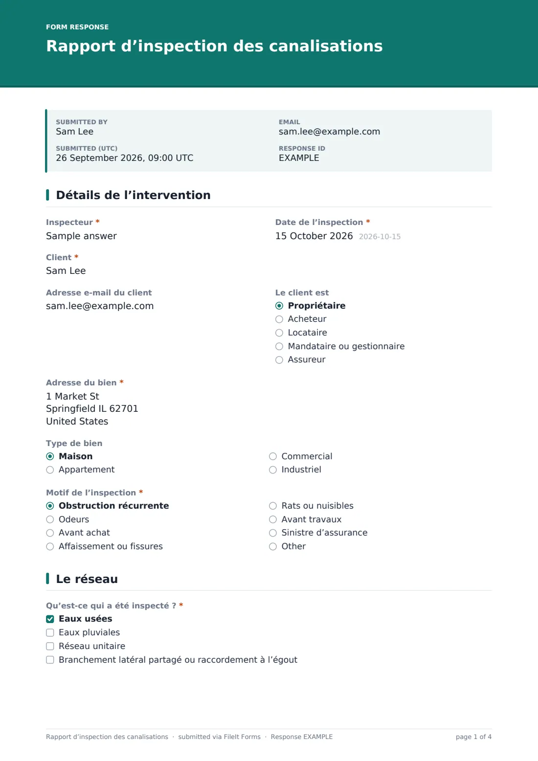 Rapport d’inspection des canalisations — exemple de réponse au format PDF, page 1 sur 4
