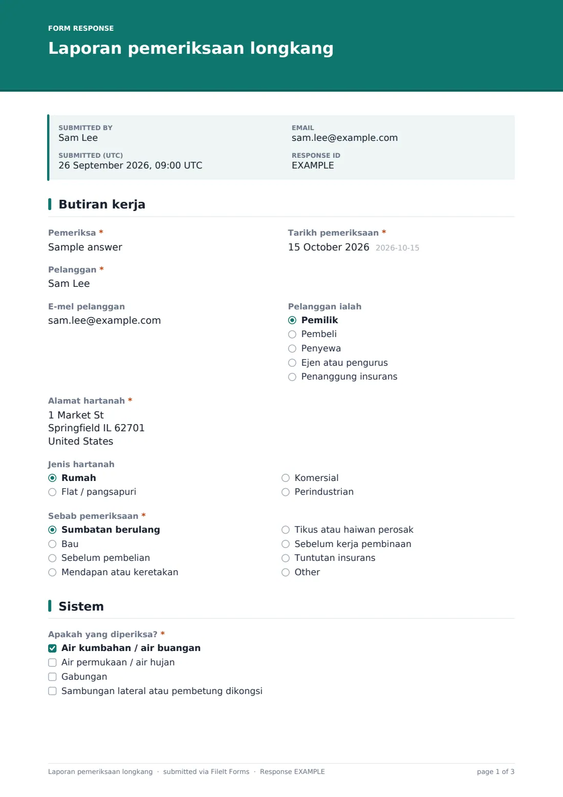 Laporan pemeriksaan longkang — PDF respons contoh, halaman 1 daripada 3