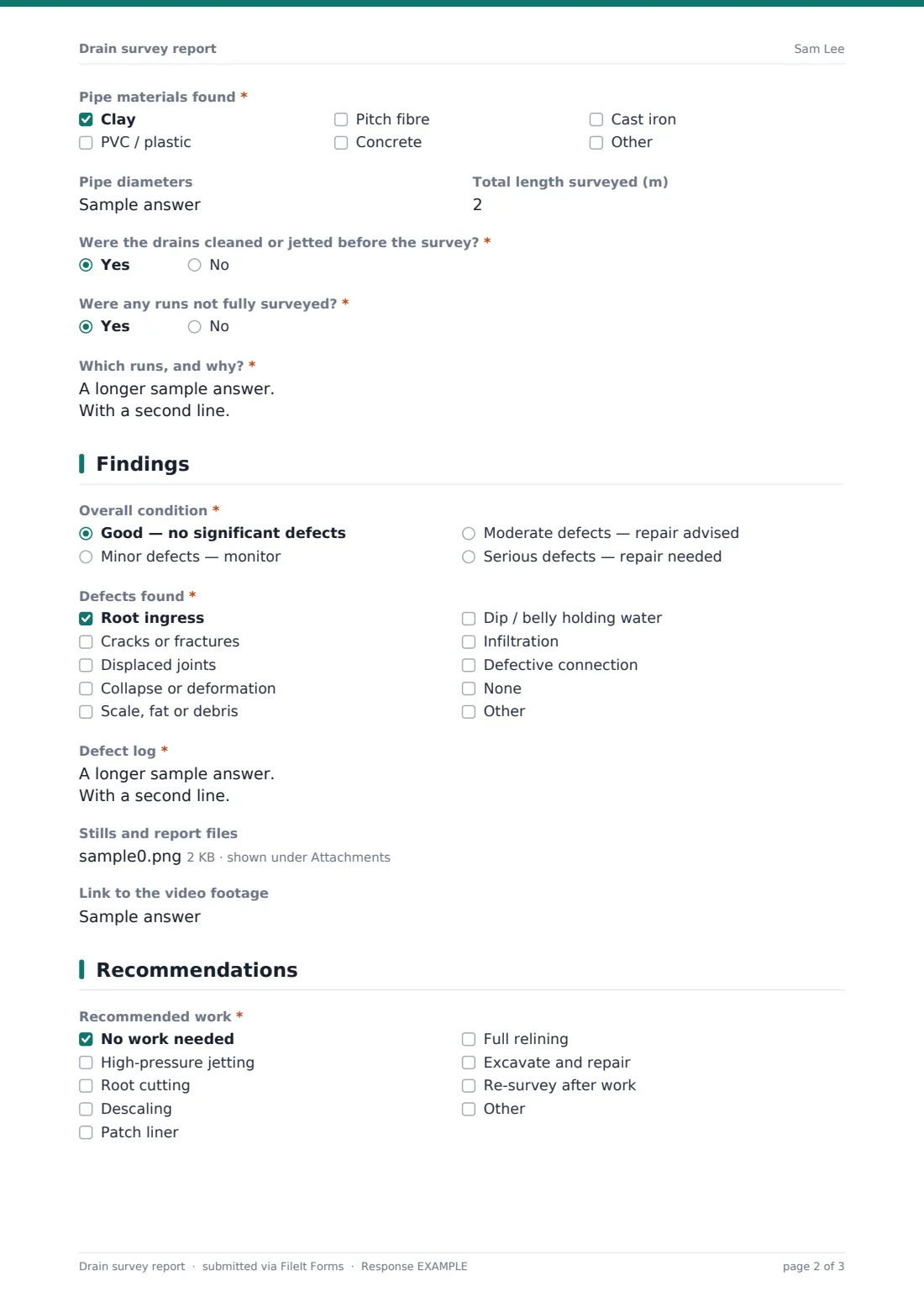 Drain survey report — example response PDF, page 2 of 3
