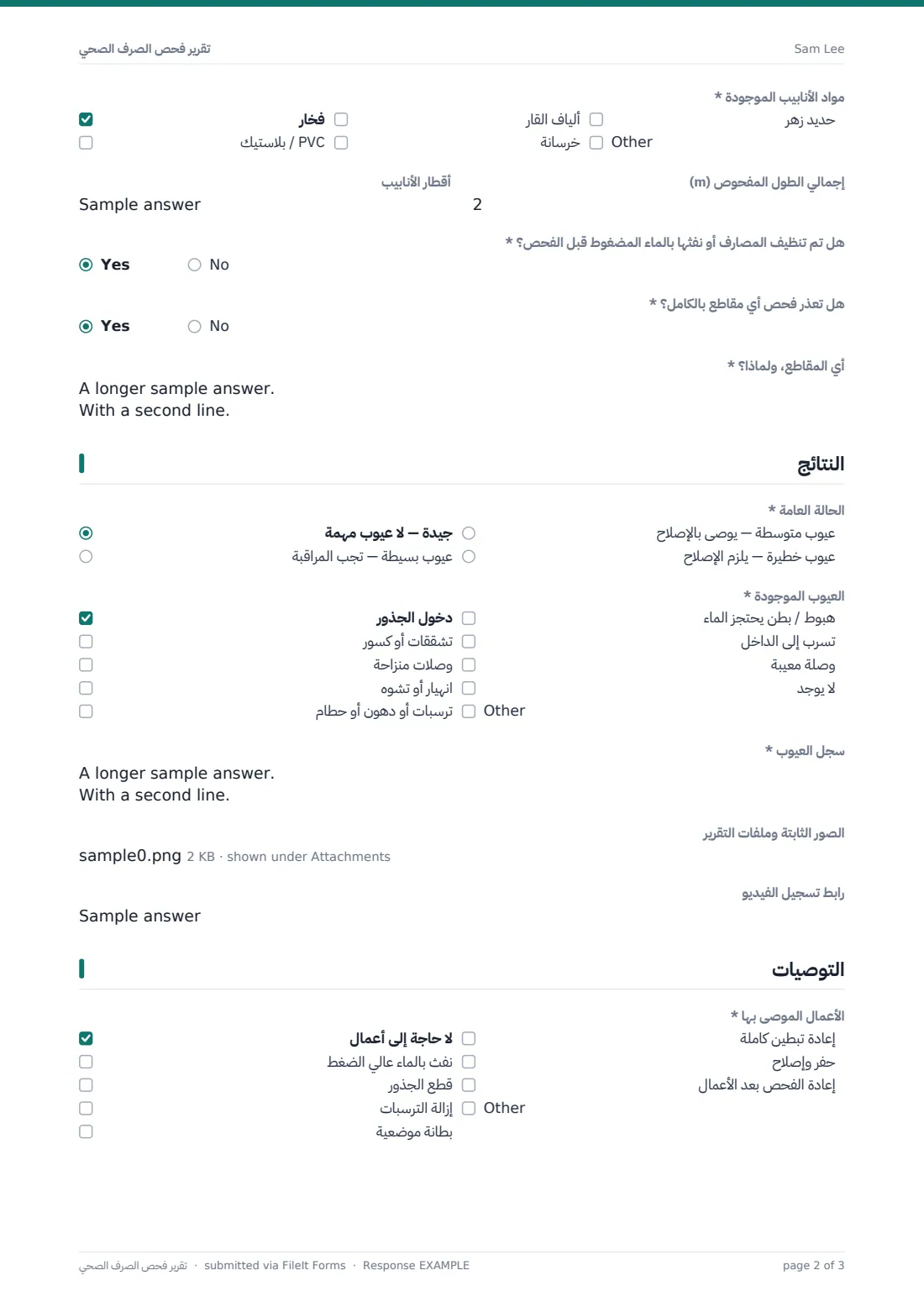 تقرير فحص الصرف الصحي — ملف PDF لرد نموذجي، الصفحة 2 من 3