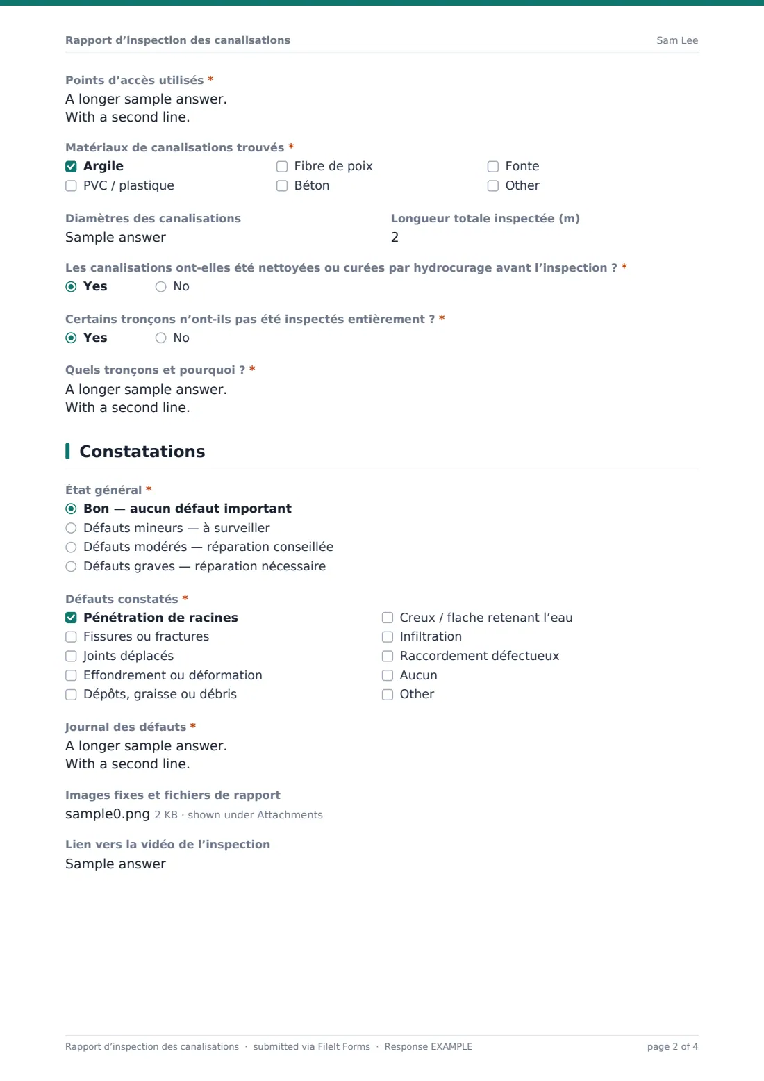 Rapport d’inspection des canalisations — exemple de réponse au format PDF, page 2 sur 4