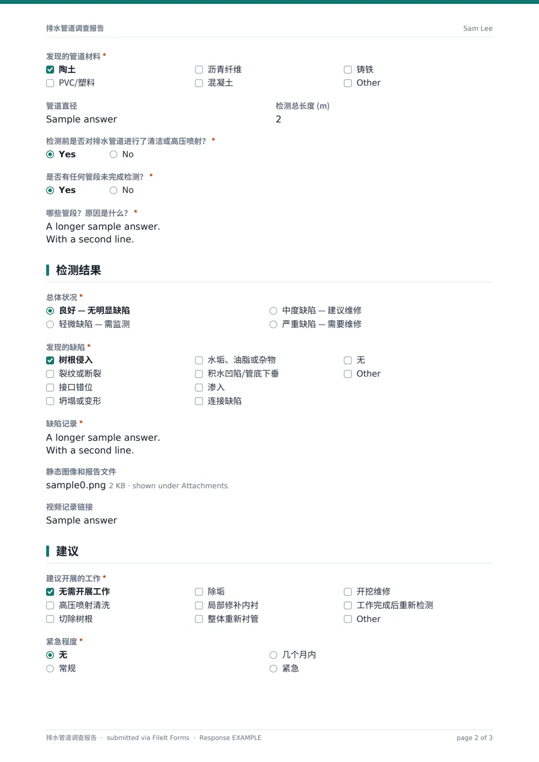 排水管道调查报告 — 示例回复 PDF，第 2 页，共 3 页