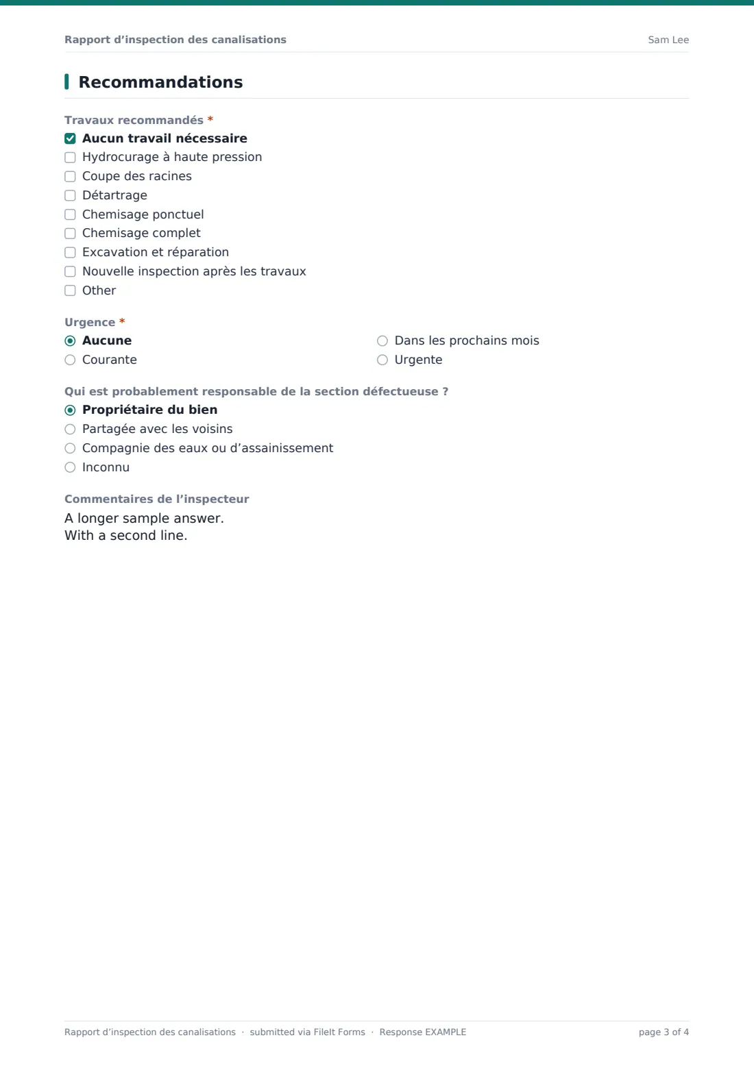 Rapport d’inspection des canalisations — exemple de réponse au format PDF, page 3 sur 4