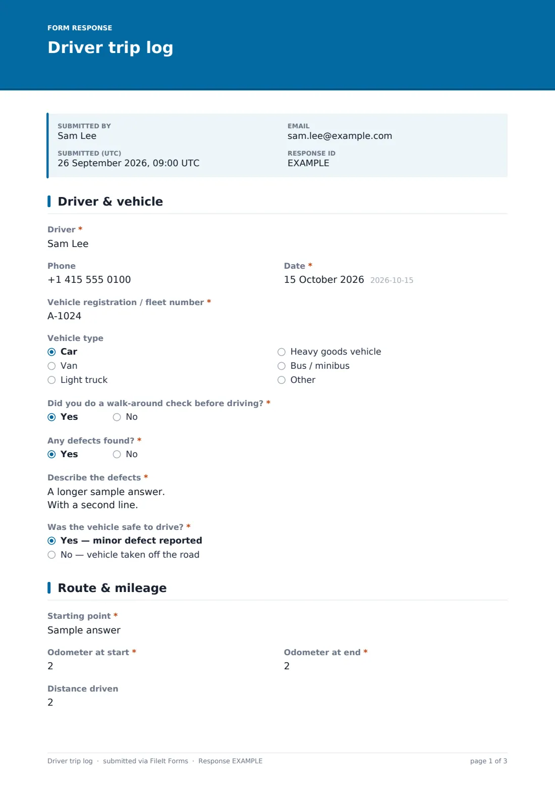 Driver trip log — example response PDF, page 1 of 3