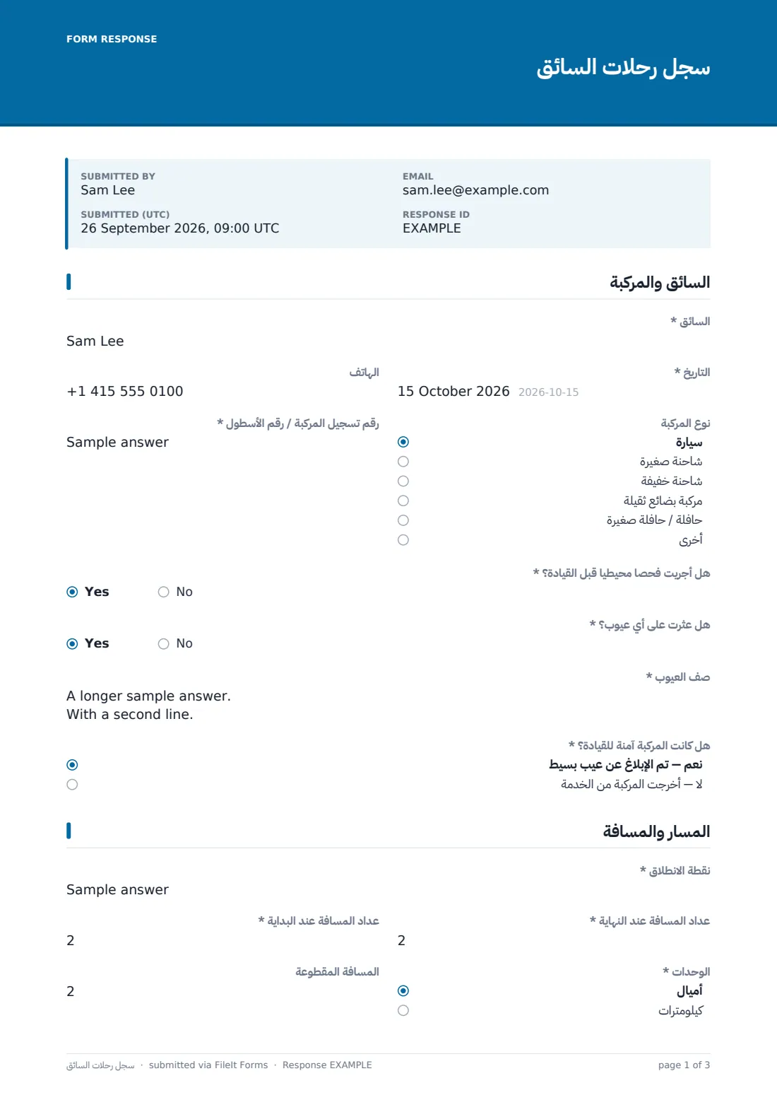 سجل رحلات السائق — ملف PDF لرد نموذجي، الصفحة 1 من 3