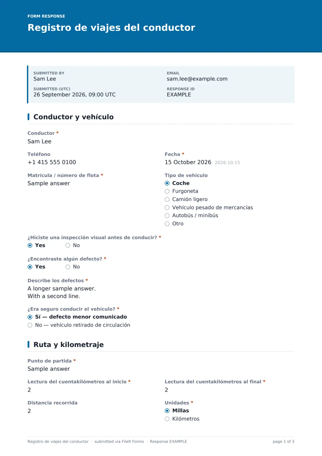 Registro de viajes del conductor — PDF de respuesta de ejemplo, página 1 de 3