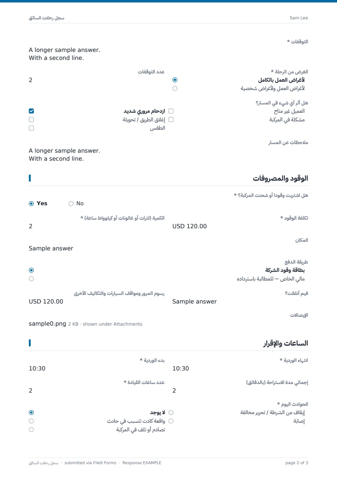 سجل رحلات السائق — ملف PDF لرد نموذجي، الصفحة 2 من 3