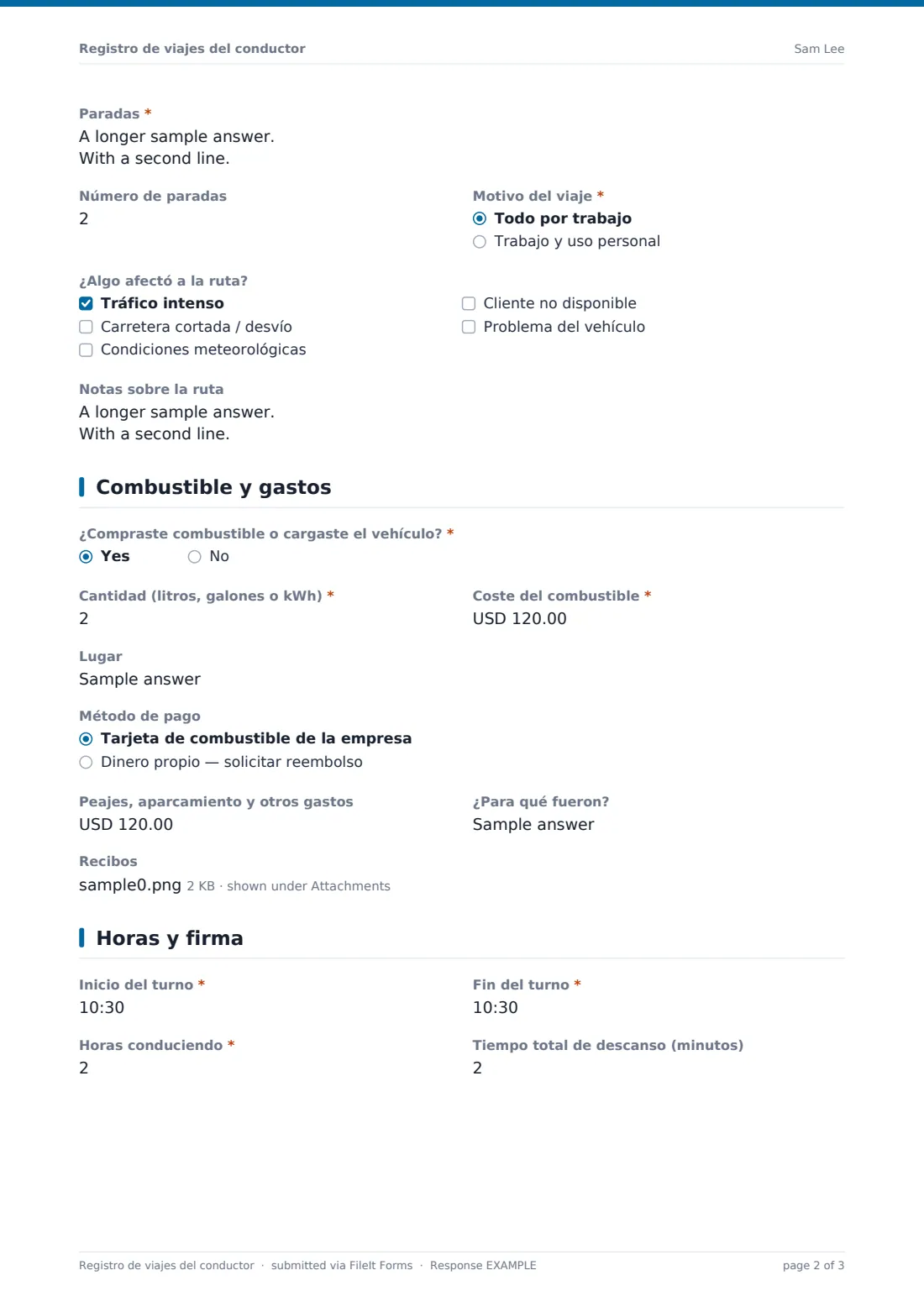 Registro de viajes del conductor — PDF de respuesta de ejemplo, página 2 de 3