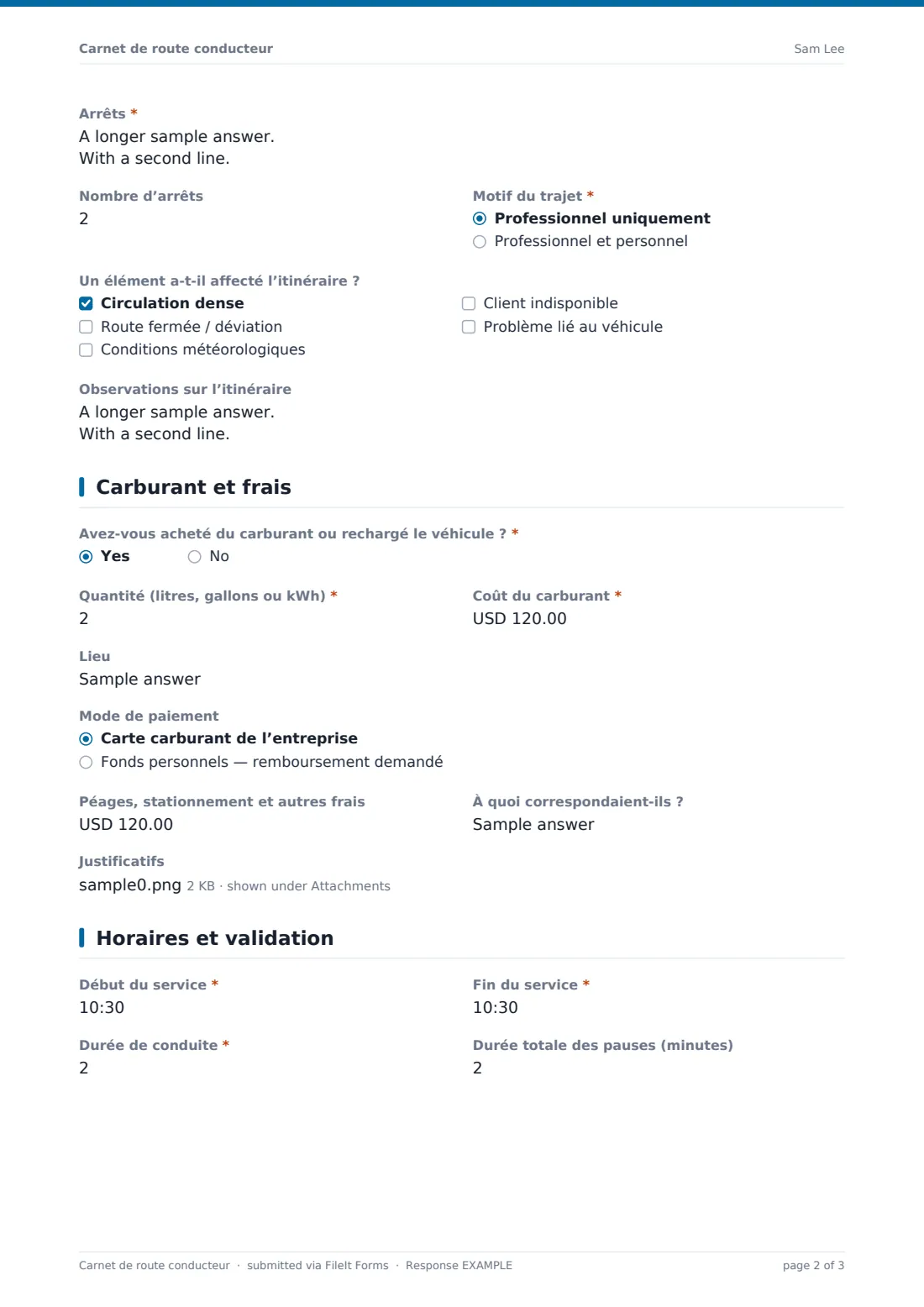 Carnet de route conducteur — exemple de réponse au format PDF, page 2 sur 3