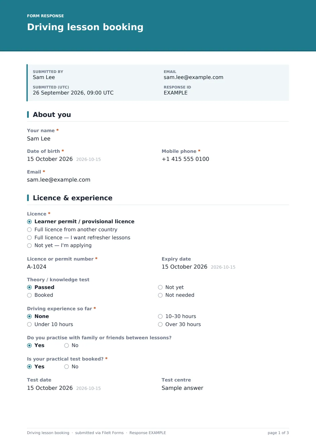 Driving lesson booking — example response PDF, page 1 of 3