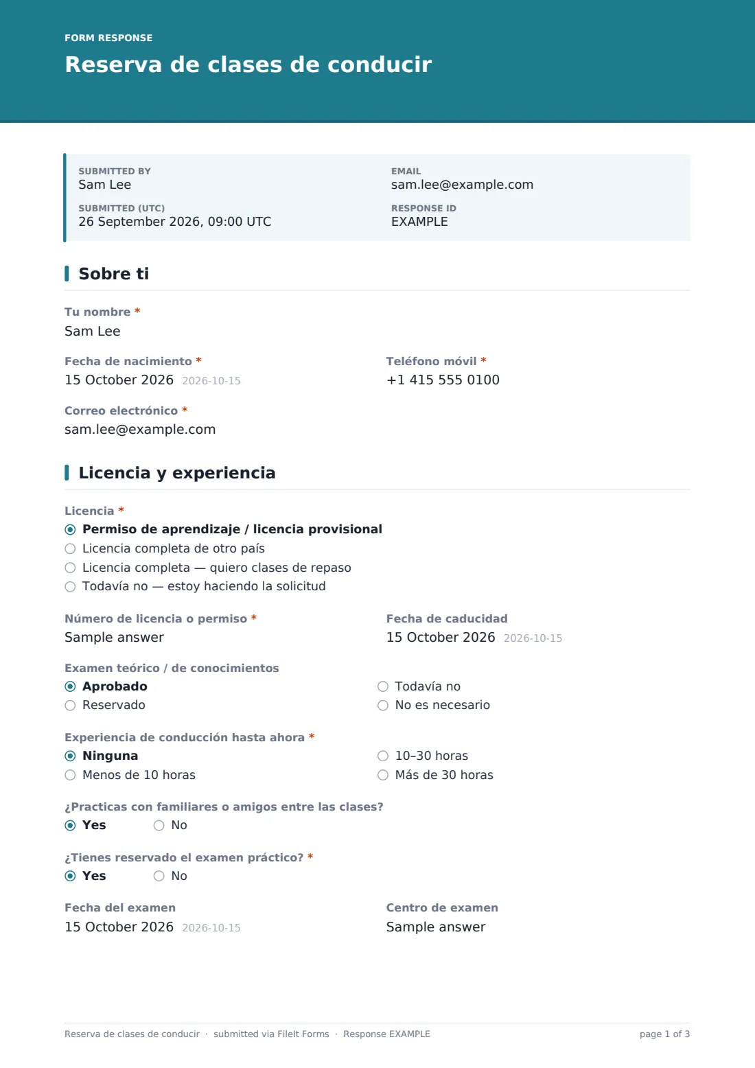 Reserva de clases de conducir — PDF de respuesta de ejemplo, página 1 de 3