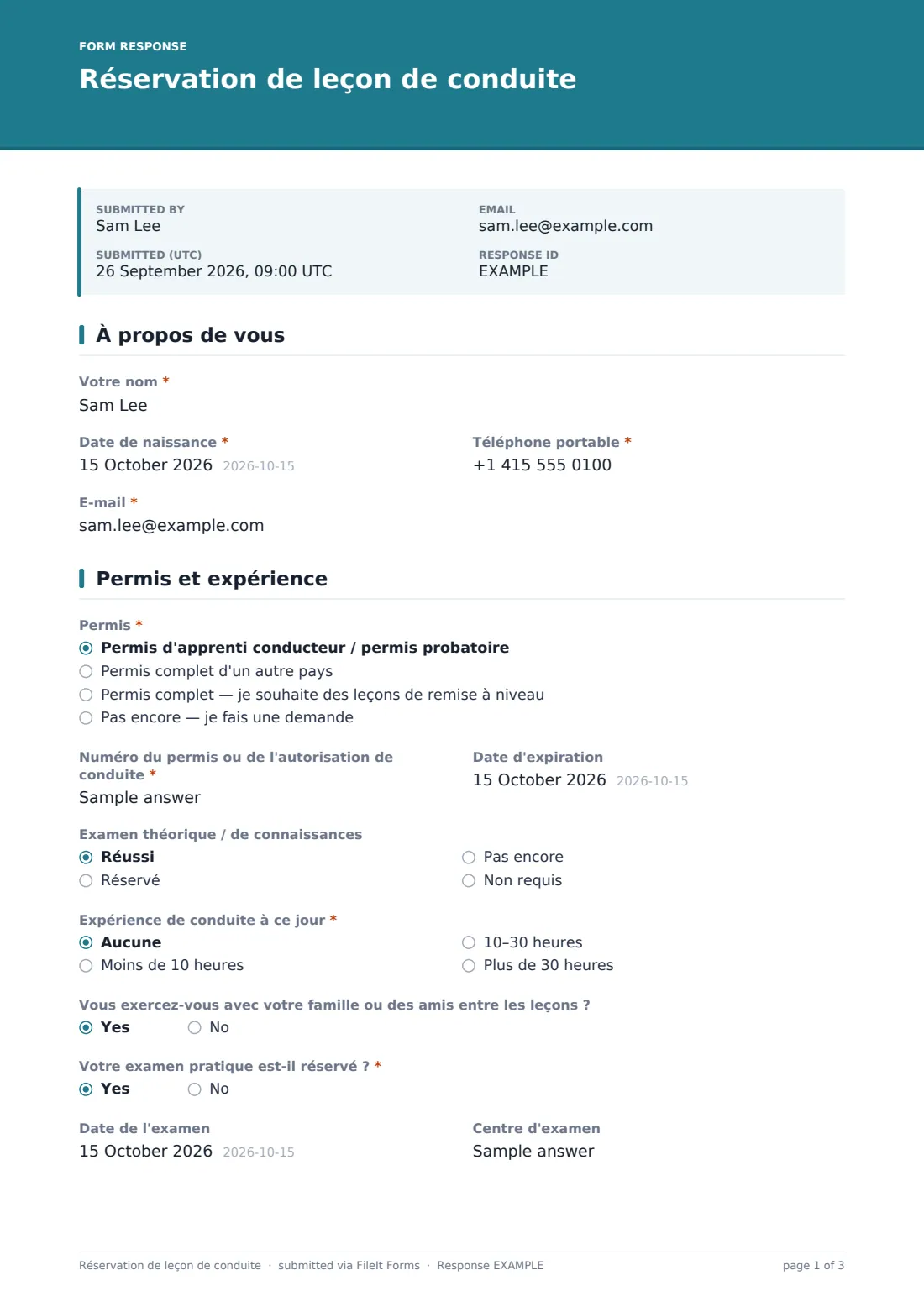 Réservation de leçon de conduite — exemple de réponse au format PDF, page 1 sur 3