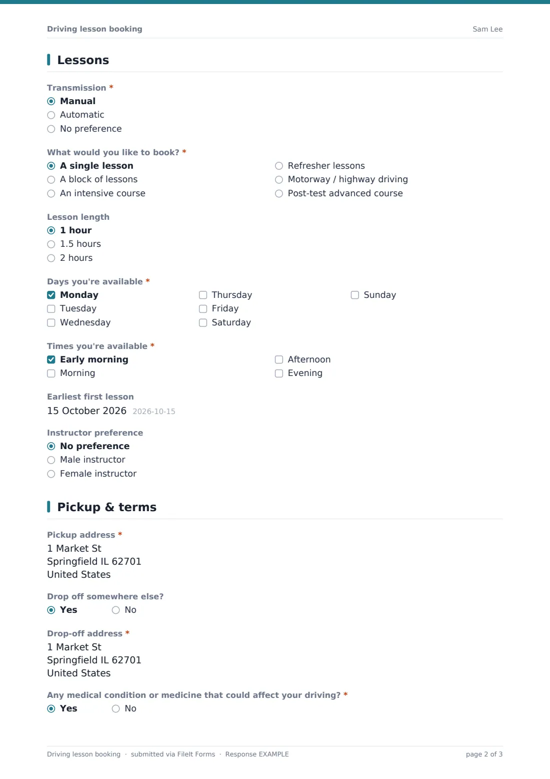 Driving lesson booking — example response PDF, page 2 of 3