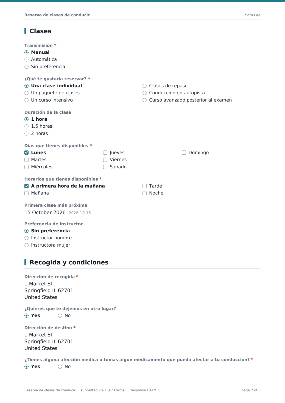 Reserva de clases de conducir — PDF de respuesta de ejemplo, página 2 de 3