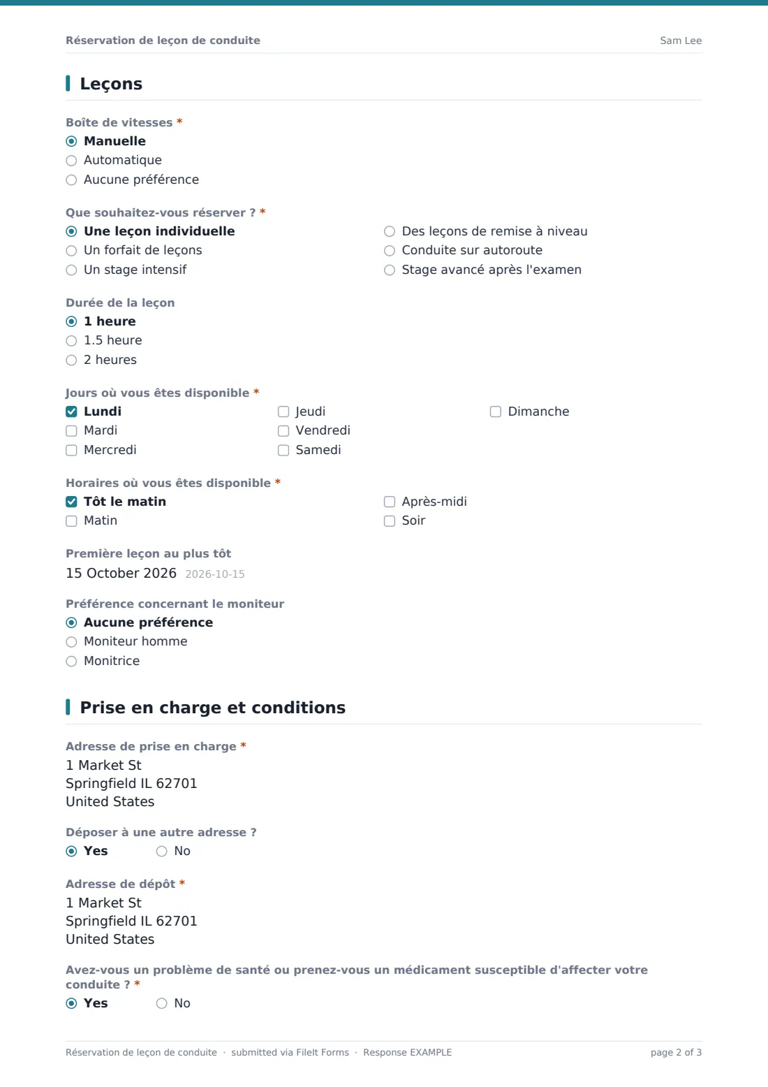 Réservation de leçon de conduite — exemple de réponse au format PDF, page 2 sur 3