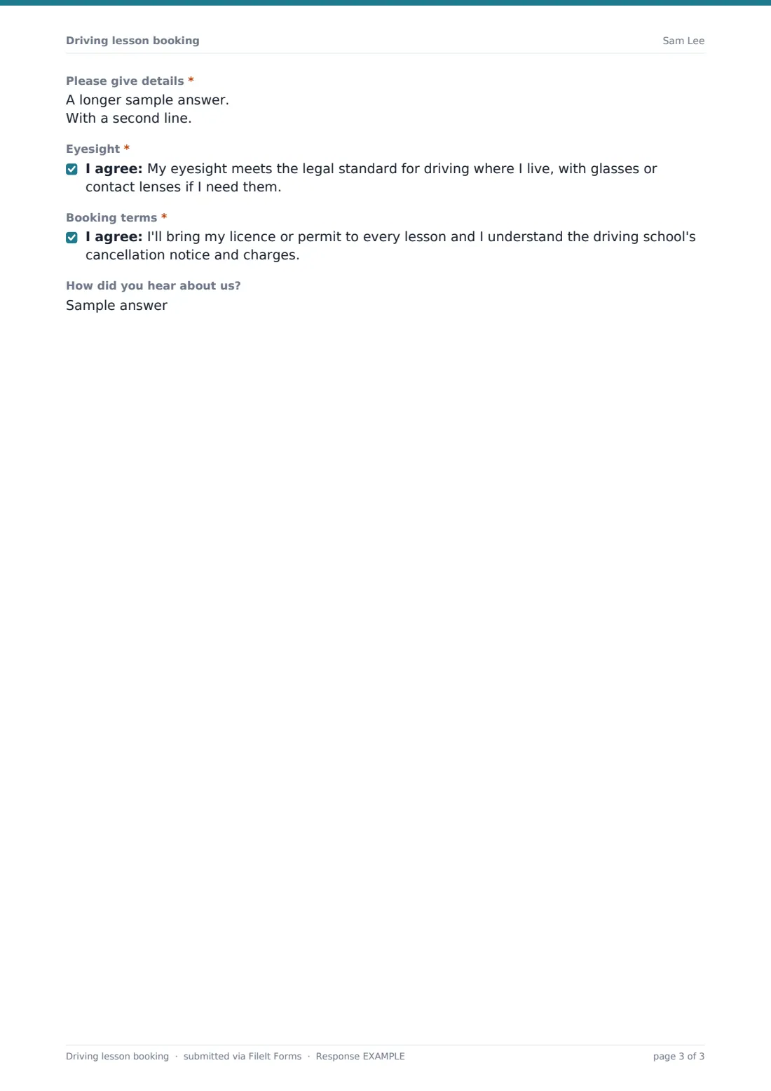 Driving lesson booking — example response PDF, page 3 of 3