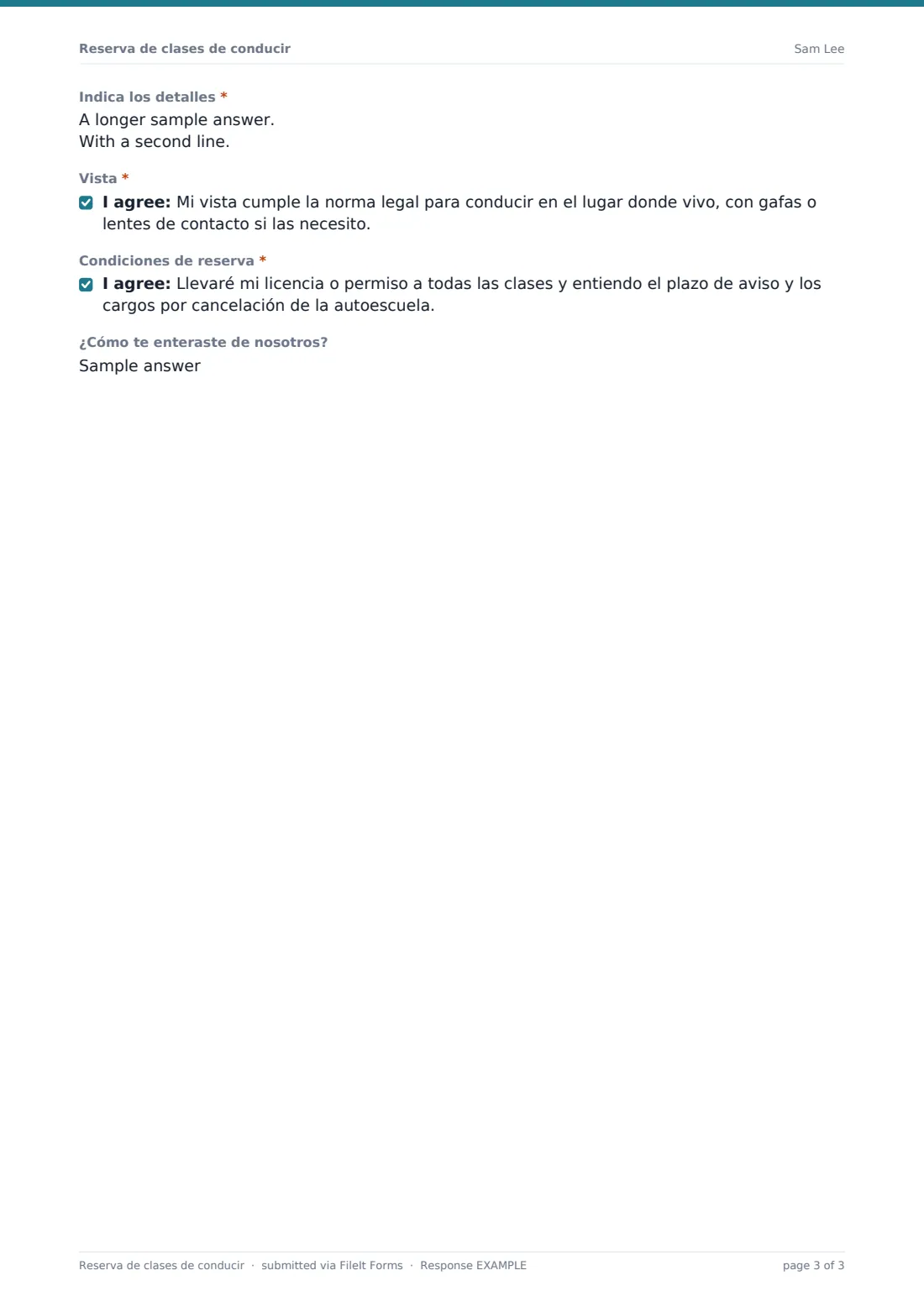 Reserva de clases de conducir — PDF de respuesta de ejemplo, página 3 de 3