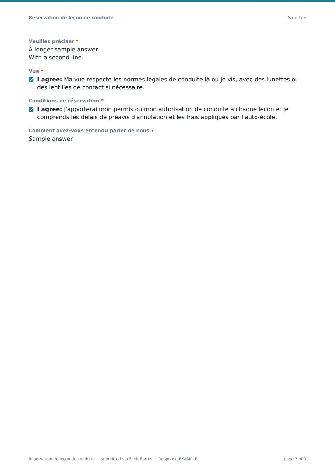 Réservation de leçon de conduite — exemple de réponse au format PDF, page 3 sur 3