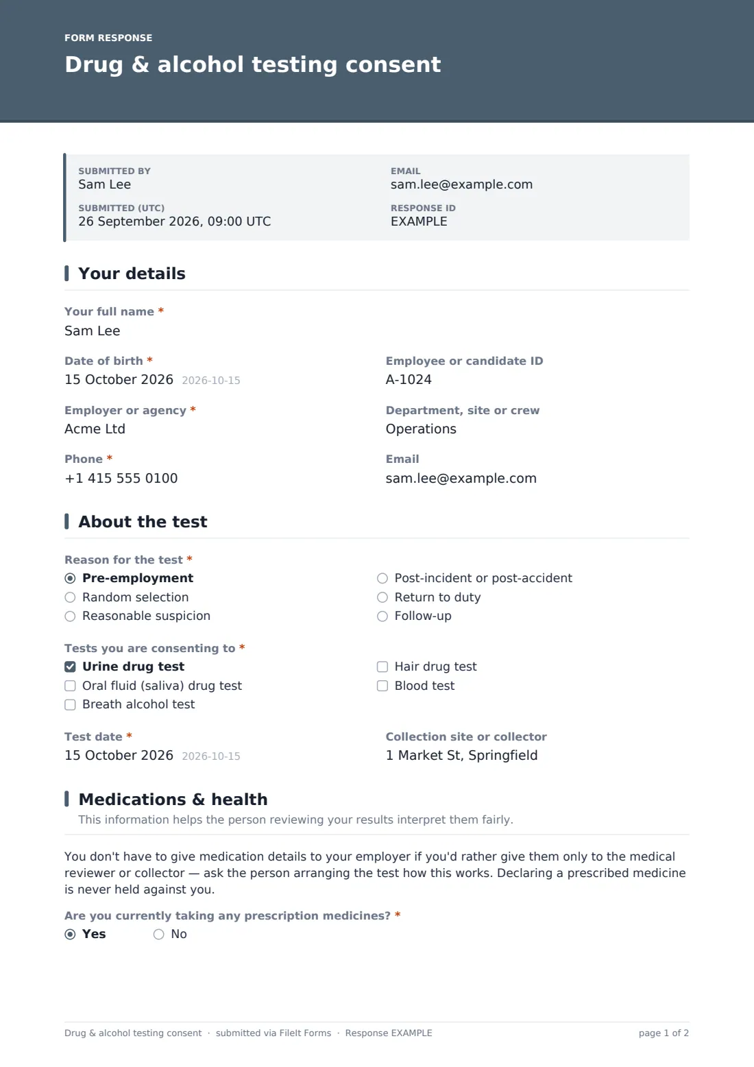 Drug & alcohol testing consent — example response PDF, page 1 of 2