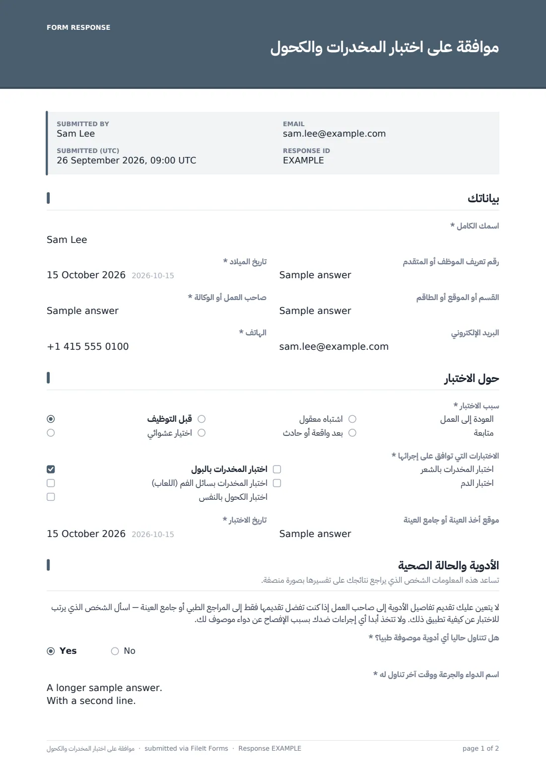 موافقة على اختبار المخدرات والكحول — ملف PDF لرد نموذجي، الصفحة 1 من 2