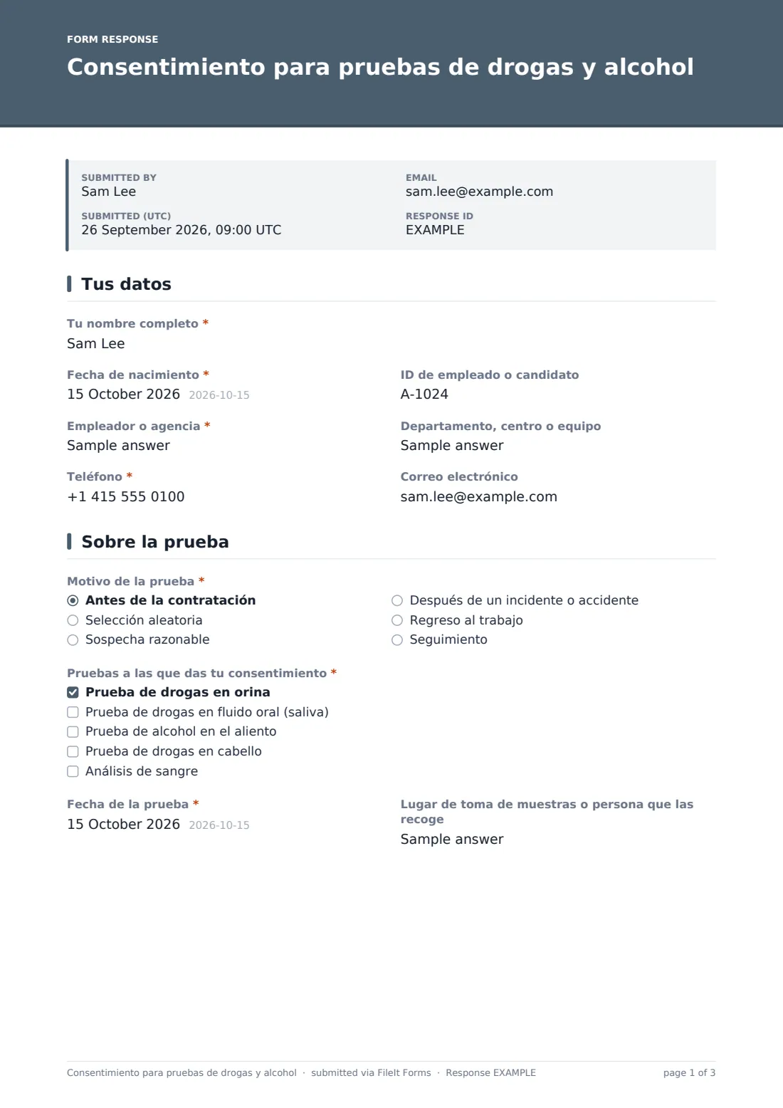 Consentimiento para pruebas de drogas y alcohol — PDF de respuesta de ejemplo, página 1 de 3