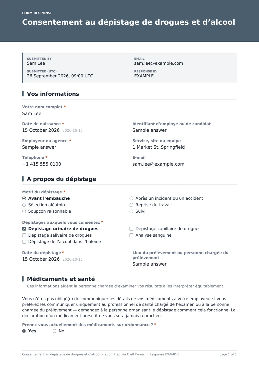 Consentement au dépistage de drogues et d’alcool — exemple de réponse au format PDF, page 1 sur 2