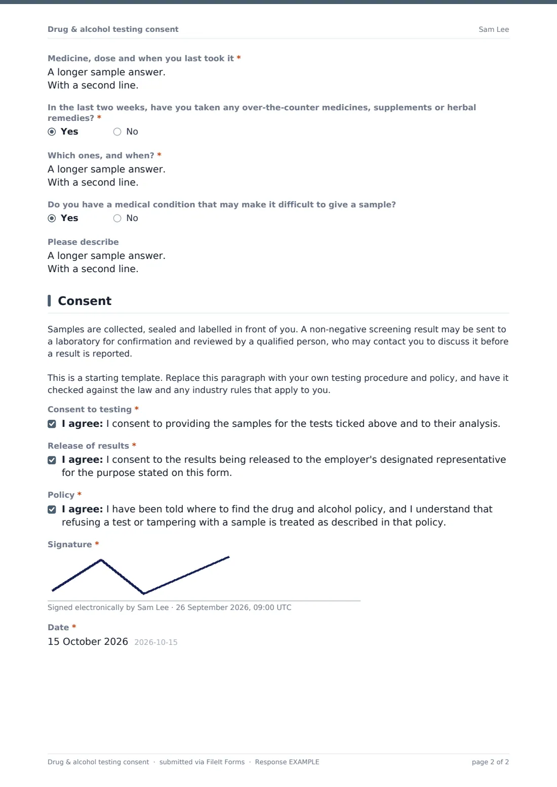 Drug & alcohol testing consent — example response PDF, page 2 of 2