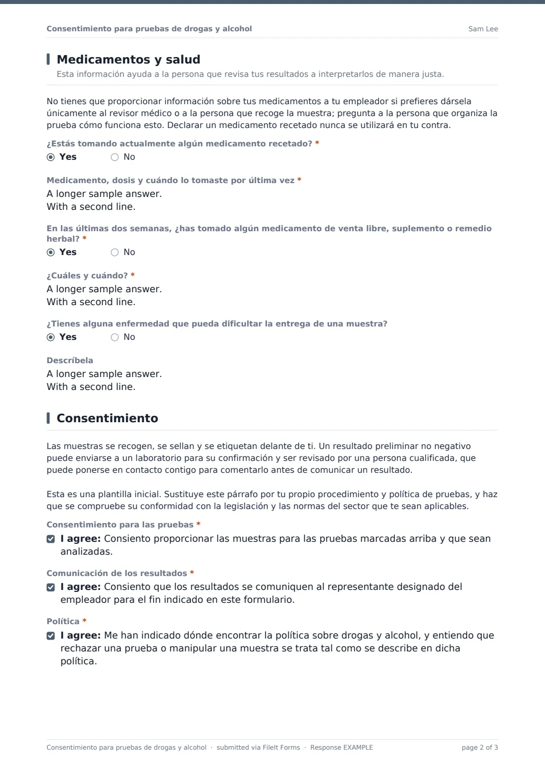 Consentimiento para pruebas de drogas y alcohol — PDF de respuesta de ejemplo, página 2 de 3